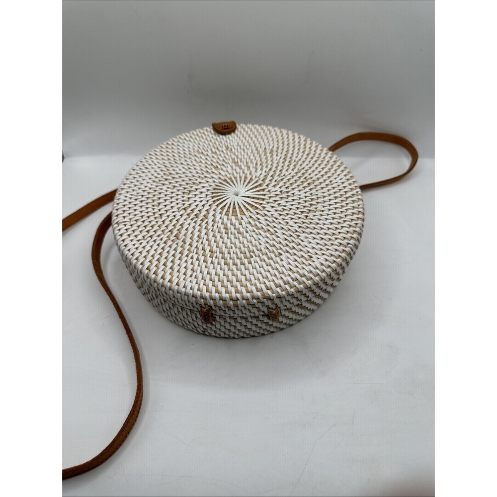 Boho Woven White Rattan Round Hard Sided Crossbody Bag Purse